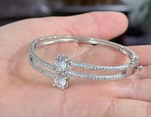 Silver Tone Layered CZ Bangle Bracelet Dainty Layered Sparkle Cuff